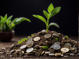 sustainable and profitable environment. a pile of dirt with a plant growing and money next to it.