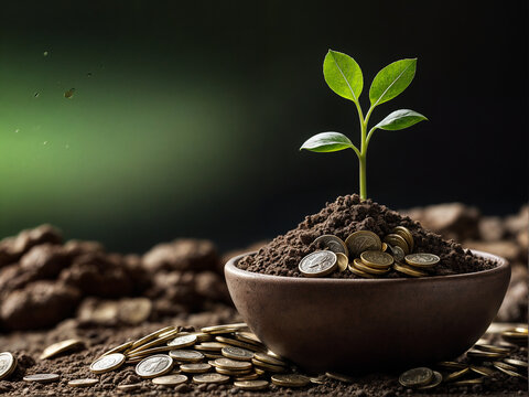 sustainable and profitable environment. a pile of dirt with a plant growing and money next to it.
