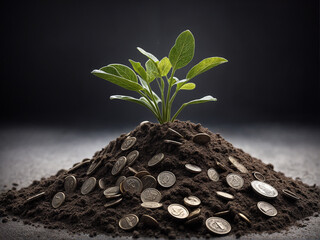 sustainable and profitable environment. a pile of dirt with a plant growing and money next to it.