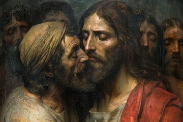 The kiss of judas: dramatic portrayal captures biblical betrayal, tension, and conflict as judas iscariot betrays jesus with a kiss, symbolizing spiritual depth and iconic christian symbolism - obrazy, fototapety, plakaty