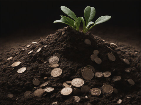 sustainable and profitable environment. a pile of dirt with a plant growing and money next to it.