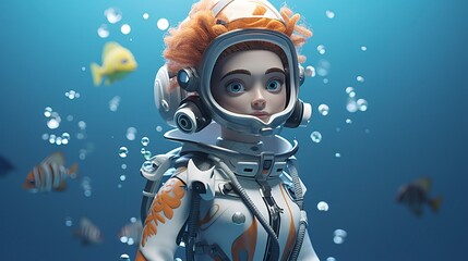 Marine biologist 3D character using an underwater
