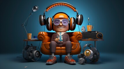 Podcasting Setup with 3D Characters and Headphone