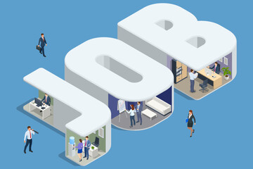 Isometric Search job vacancy, recruitment and workgroup, concept. Job interview, recruitment agency