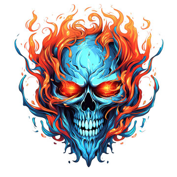 Blue Flame Color Fire Skull Illustration with PNG Image Vector Illustration