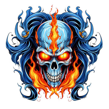Fire Head Skull Bikers Blue Fire Color Illustrator with PNG Image Vector Illustration