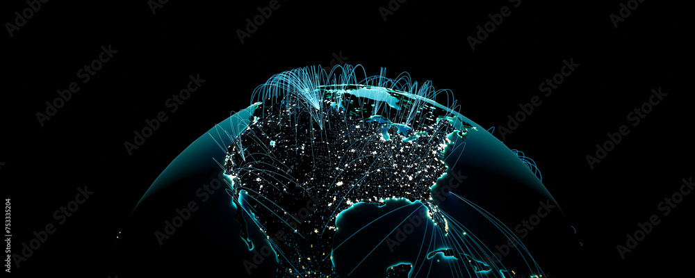 Poster a globally networked earth with a focus on us. 3d rendering