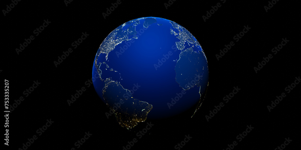 Poster concept background of the entire earth with cities lit up at night as seen from space. 3d rendering