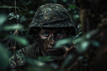 A dirty soldier in the forest, a dark photo of war and soldiers. Concept of warfare