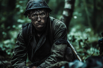 Obraz premium A dirty soldier in the forest, a dark photo of war and soldiers. Concept of warfare