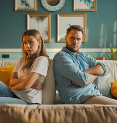 Disappointed couple sitting on sofa back to back, facing away from each other. A portrait of frustrated husband and wife feeling upset after argument