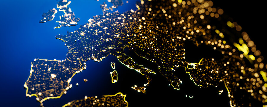 Conceptual background of the night view of Europe from space. 3d rendering