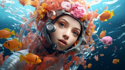 Underwater photo shoot by 3D characters cute face
