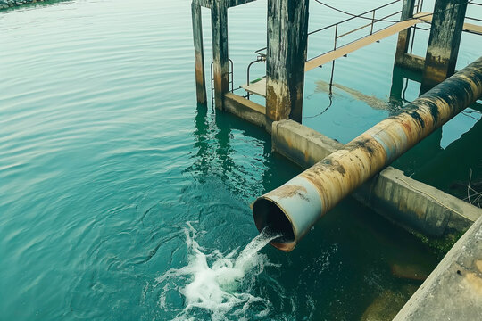 Environmental damage concept, Industrial and factory wastewater discharge pipe into the canal and sea, dirty water pollution, Sewage pipe outfall into the river, the river is polluted