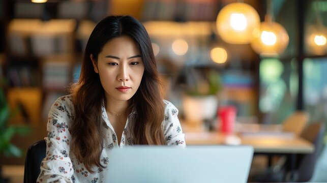 Woman works on a laptop
