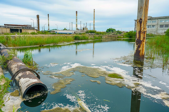 Environmental damage concept, Industrial and factory wastewater discharge pipe into the canal and sea, dirty water pollution, Sewage pipe outfall into the river, the river is polluted