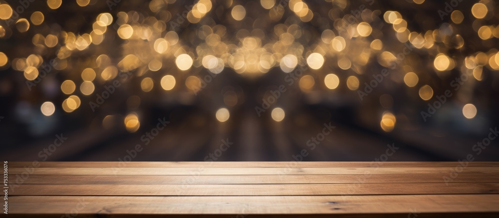 Poster empty wooden table for product display with blurred bokeh background