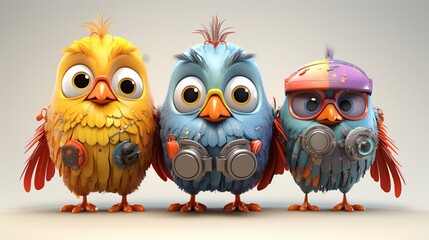 Urban Birds with 3D Characters cute face - obrazy, fototapety, plakaty