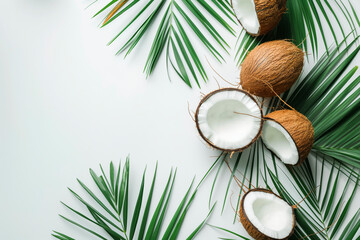 Fototapeta na wymiar Fresh coconut whole and cut in half with palm leaf isolated on white background, top down view