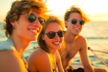 Group of young people having fun. Wearing black sunglasses, while sitting on a boat and relaxing in...