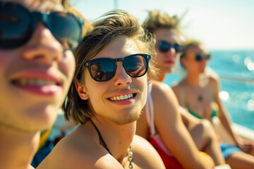 Group of young people having fun. Wearing black sunglasses, while sitting on a boat and relaxing in summer time by the sea or ocean - obrazy, fototapety, plakaty
