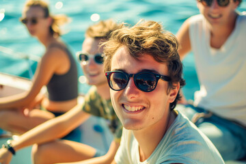 Group of young people having fun. Wearing black sunglasses, while sitting on a boat and relaxing in...