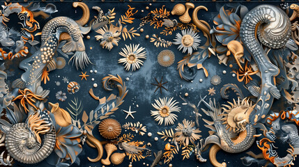 Exquisite artwork featuring a rich tapestry of marine life with golden and blue hues, blending...