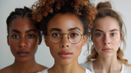 Group of Young Women with Glasses and Curly Hair in Styles of Explosive Pigmentation, To show a group of young, stylish women with glasses and curly - obrazy, fototapety, plakaty