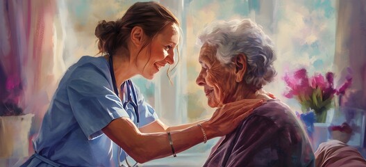elderly people, help and communication with the elderly, nursing home, drawing for elderly grandparents - obrazy, fototapety, plakaty