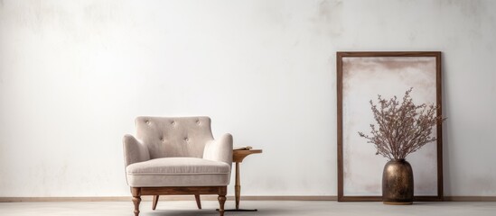 Neutral interior with velvet armchair against plain white wall - obrazy, fototapety, plakaty