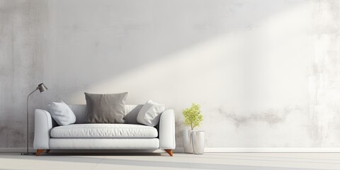 White room with loveseat and concrete wall.