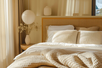Modern house interior details. Simple cozy beige bedroom interior with bed headboard, linen bedding, bedside table and natural decorations, closeup.