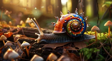 Fotobehang A snail with a brightly colored body and a spiral shell covered in crystals. Moving across rotting logs with mushrooms growing along with green moss and dead leaves. Forest background with sunlight in © prutsapa