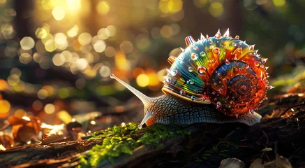 Fotobehang A snail with a brightly colored body and a spiral shell covered in crystals. Moving across rotting logs with mushrooms growing along with green moss and dead leaves. Forest background with sunlight in © prutsapa