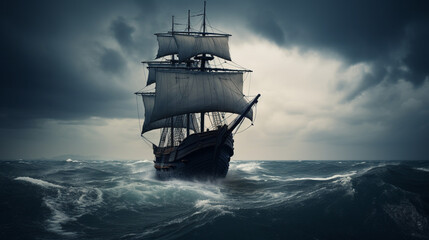 Obraz premium At night, a sailing ship courageously navigates through the stormy sea.