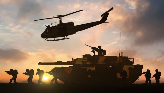 Military operation with helicopter and tank support