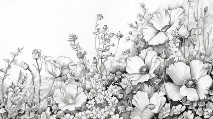 Delicate Floral Garden in Pencil Sketch