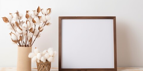 Minimal Scandinavian interior decor featuring dried cotton flowers on a wooden frame with open copy space.