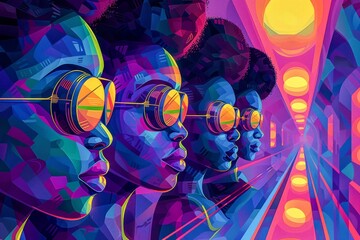 Vibrant Pop Art Style Illustration of Stylish Women with Sunglasses in Neon Colors