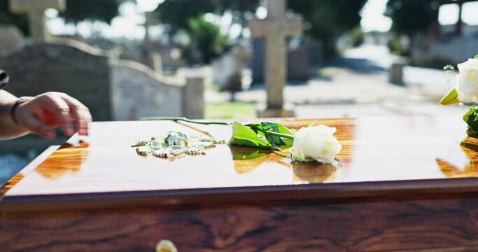 Flower, coffin and hands of person at graveyard for death ceremony, funeral and memorial service. Pain, closeup and rose on gravestone for mourning, burial or loss in public cemetery for farewell
