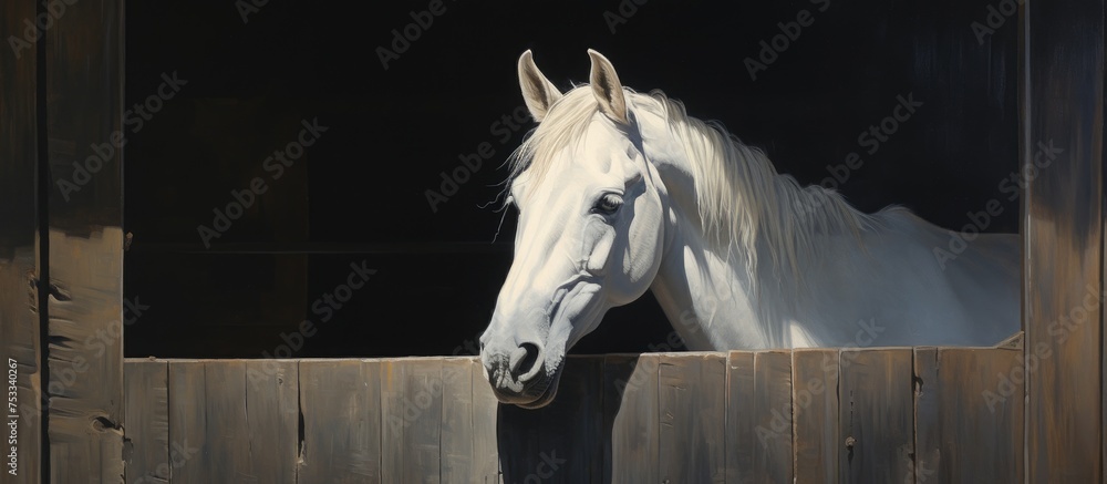 Poster white horse peering through stable window with face half in light and half in shadow