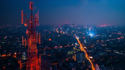 Fotobehang Telecommunication tower with 5G cellular network antenna on night city background, Global connection and internet network concept. © Wasin Arsasoi