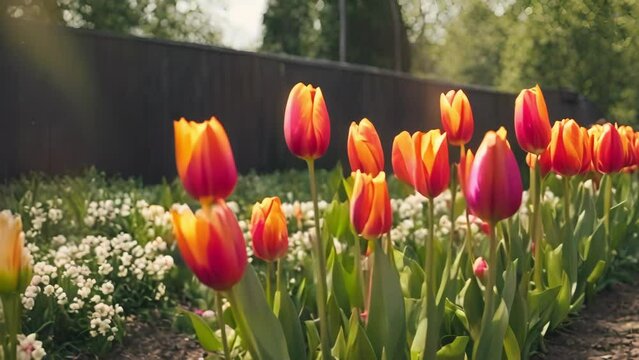 Vibrant Red and Yellow Tulips Blossoming in a Lush Garden on a Beautiful Spring Day