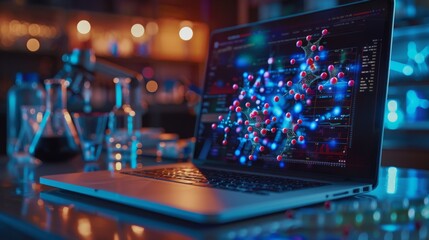 A sophisticated visualization of a molecular structure on a laptop screen, with laboratory in drug development.