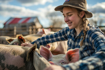 Pig farmer, young working woman cheerful as she watches the animals she looks after on a farm in the countryside
