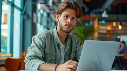 Fototapeta premium Man works on a laptop 