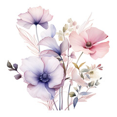 Design of botanical serenity floral style pastel palett, on white background, solid stark white background.[A-0003]