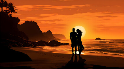 Fototapeta na wymiar Silhouettes of A Loving Couple Embracing Under an Enchanting Sunset on a Serene Beach 
