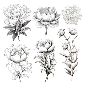Set of line drawing of vintage floral vector bouquet of peonies and garden flowers, on white background.[A-0001]