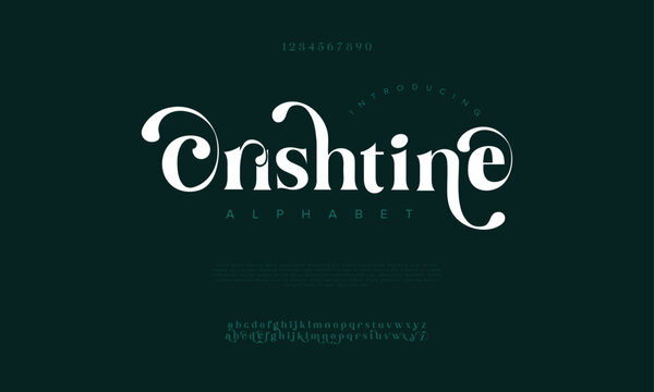 Christine premium luxury elegant alphabet letters and numbers. Vintage wedding typography classic serif font decorative vintage retro. Creative vector illustration